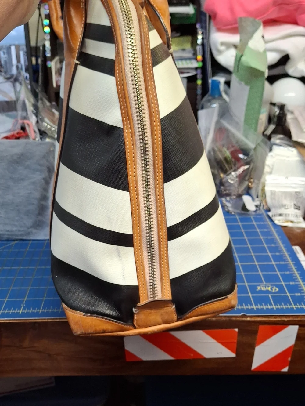 COACH Black & White Striped Tote with Tan Leather Trim Preloved